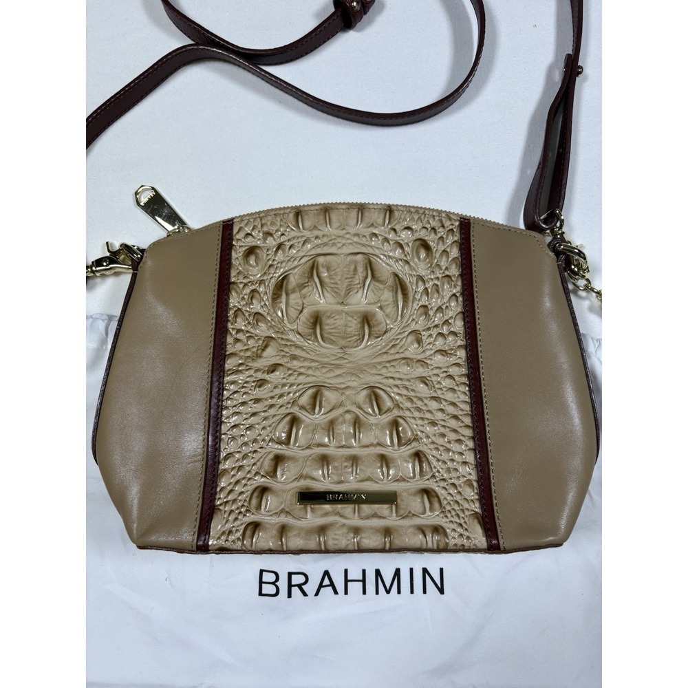 Brahmin Katie Crossbody Bag Tan Burgundy Croc Embossed Leather Dome Purse